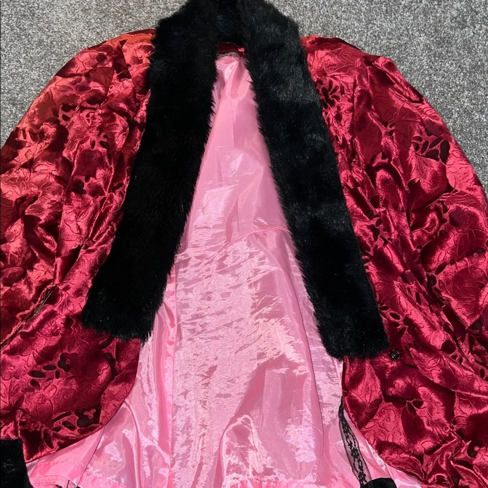 Elegant Custom Made Red Velvet Embossed Jacket w/ Black Furr Accents - Picture 6 of 7